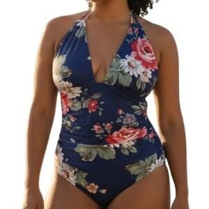 Eomenie Blue Floral One Piece Swimsuit Ruched Tummy Control Plus Size XL